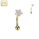 14K Gold CZ Flower Threadless Push In Curved Eyebrow Barbell