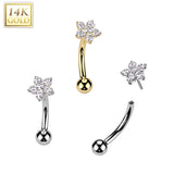 14K Gold CZ Flower Threadless Push In Curved Eyebrow Barbell