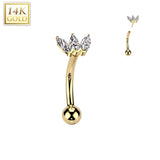 14K Gold Marquise CZ Threadless Push In Curved Eyebrow Barbell