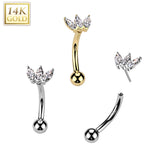 14K Gold Marquise CZ Threadless Push In Curved Eyebrow Barbell