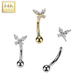 14K Solid Gold Threadless Push In Curved Eyebrow Barbell & Butterfly CZ