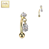 14K Gold Threadless Push In Curved Eyebrow Barbell & Teardrop CZ Dangle