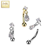 14K Gold Threadless Push In Curved Eyebrow Barbell & Teardrop CZ Dangle