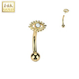 14K Solid Gold Threadless Push In Evil Opal Eye Curved Eyebrow Barbell