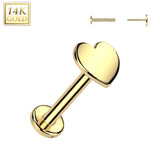 14K Solid Gold Threadless Push In Nose Stud With Heart Top