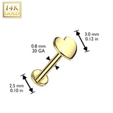 14K Solid Gold Threadless Push In Nose Stud With Heart Top