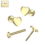 14K Solid Gold Threadless Push In Nose Stud With Heart Top