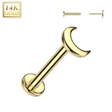 14K Solid Gold Threadless Push In Nose Stud With Crescent Moon Top