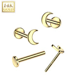 14K Solid Gold Threadless Push In Nose Stud With Crescent Moon Top