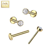 14K Solid Gold Threadless Push In Nose Stud With CZ Top