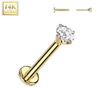 14K Solid Gold Threadless Push In Nose Stud With Prong CZ Top