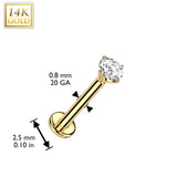 14K Solid Gold Threadless Push In Nose Stud With Prong CZ Top