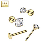 14K Solid Gold Threadless Push In Nose Stud With Prong CZ Top