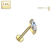 14K Solid Gold Threadless Push In Marquise CZ Top For Nose, Ear Tragus