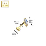 14K Solid Gold Threadless Push In Marquise CZ Top For Nose, Ear Tragus