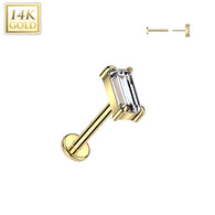 14K Solid Gold Threadless Push In Baguette CZ Top For Nose, Ear Tragus