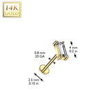 14K Solid Gold Threadless Push In Baguette CZ Top For Nose, Ear Tragus