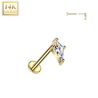 14K Solid Gold Threadless Push In Spear  CZ Top For Nose, Ear Tragus