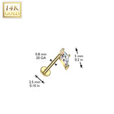 14K Solid Gold Threadless Push In Spear  CZ Top For Nose, Ear Tragus