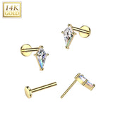 14K Solid Gold Threadless Push In Spear  CZ Top For Nose, Ear Tragus