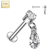 14K Solid Gold Internally Threaded Labret Tragus Stud CZ Teardrop Dangle Top