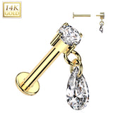 14K Solid Gold Internally Threaded Labret Tragus Stud CZ Teardrop Dangle Top