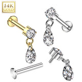 14K Solid Gold Internally Threaded Labret Tragus Stud CZ Teardrop Dangle Top