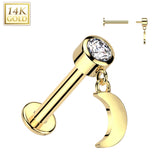 14K Gold Labret Tragus Stud CZ Crescent Moon Dangle Top Ear Cartilage