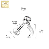 14K Gold Labret Tragus Stud CZ Crescent Moon Dangle Top Ear Cartilage