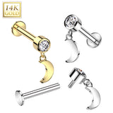 14K Gold Labret Tragus Stud CZ Crescent Moon Dangle Top Ear Cartilage