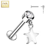 14K Gold Labret Tragus Stud CZ Star Dangle Top Ear Cartilage