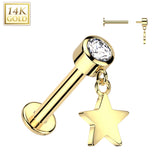 14K Gold Labret Tragus Stud CZ Star Dangle Top Ear Cartilage