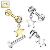 14K Gold Labret Tragus Stud CZ Star Dangle Top Ear Cartilage