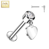 14K Gold Labret Tragus Stud CZ Heart Dangle Top Ear Cartilage