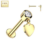 14K Gold Labret Tragus Stud CZ Heart Dangle Top Ear Cartilage