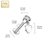 14K Gold Labret Tragus Stud CZ Heart Dangle Top Ear Cartilage