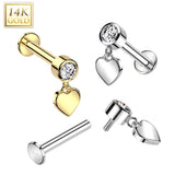 14K Gold Labret Tragus Stud CZ Heart Dangle Top Ear Cartilage