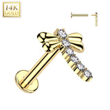 14K Solid Gold Internally Threaded Labret Tragus Stud CZ Dragonfly Top