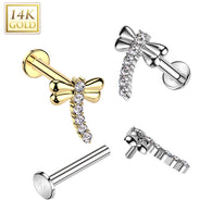 14K Solid Gold Internally Threaded Labret Tragus Stud CZ Dragonfly Top