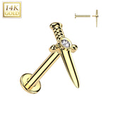 14K Solid Gold Internally Threaded Labret Tragus Stud CZ Dagger Top