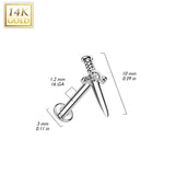 14K Solid Gold Internally Threaded Labret Tragus Stud CZ Dagger Top