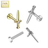 14K Solid Gold Internally Threaded Labret Tragus Stud CZ Dagger Top