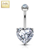 14K Solid Gold Prong Heart CZ Belly Button Navel Rings