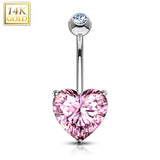 14K Solid Gold Prong Heart CZ Belly Button Navel Rings