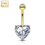 14K Solid Gold Prong Heart CZ Belly Button Navel Rings