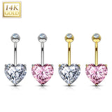 14K Solid Gold Prong Heart CZ Belly Button Navel Rings