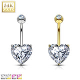 14K Solid Gold Prong Heart CZ Belly Button Navel Rings