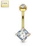 14K Solid Gold Square Princess Cut CZ Belly Button Navel Ring