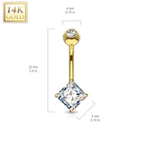 14K Solid Gold Square Princess Cut CZ Belly Button Navel Ring