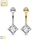 14K Solid Gold Square Princess Cut CZ Belly Button Navel Ring